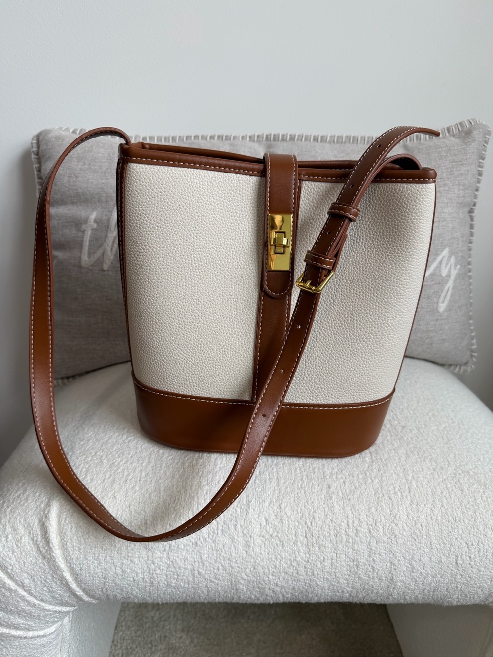 Canvas and Brown Bucket Shoulder Bag - Cream/Brown